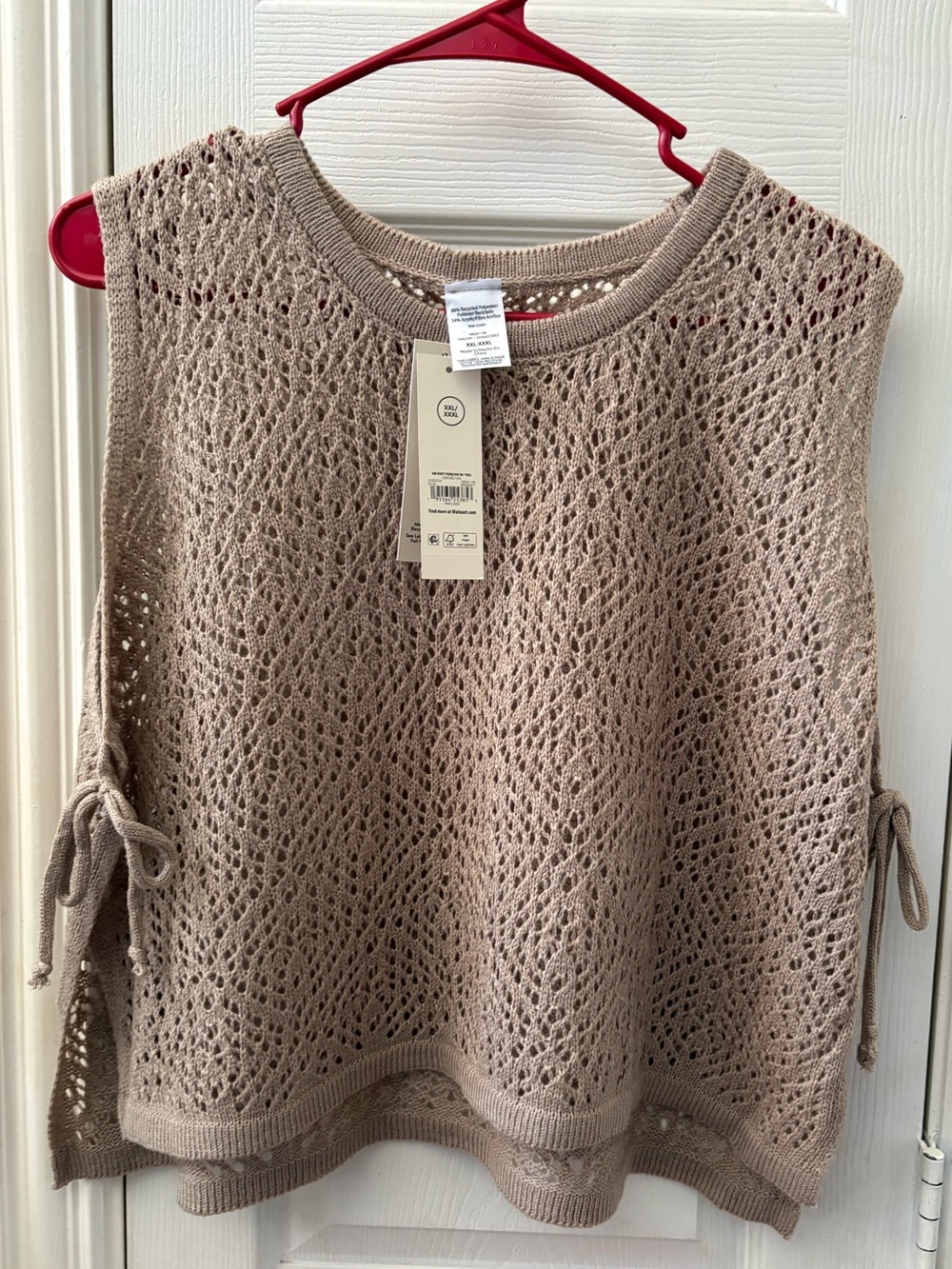 Knit Poncho Eyelet Sleeveless with ties Top Oxford Tan size XXL